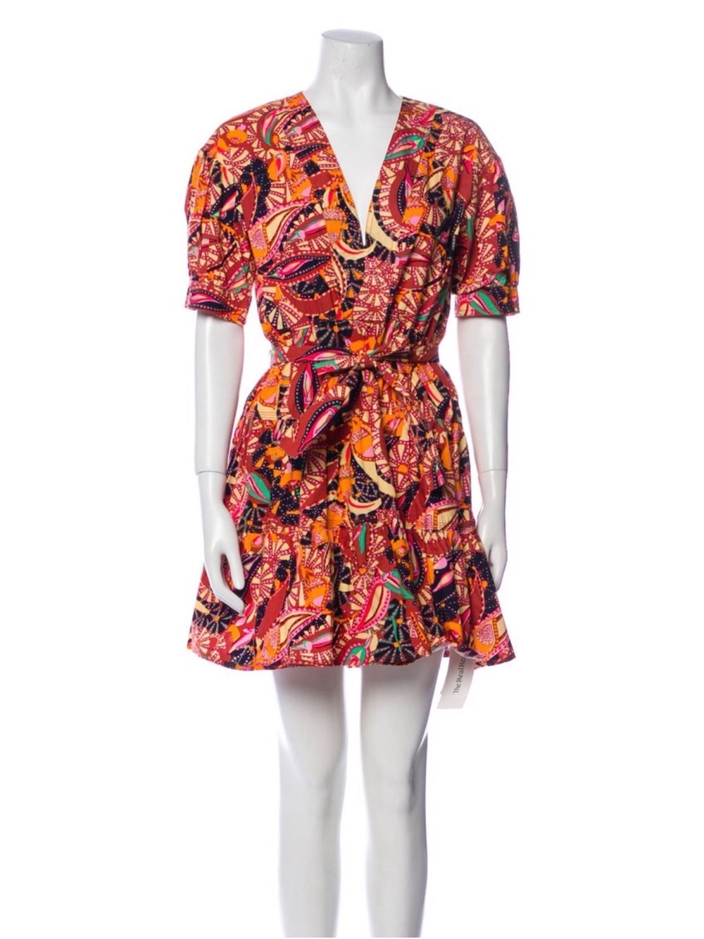 A.L.C. Pink Orange Multicolor Printed V-Neck Tie-Waist Mini Dress
